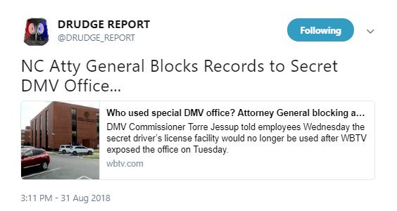 Drudge, Josh Stein, Roy Cooper, Secret DMV