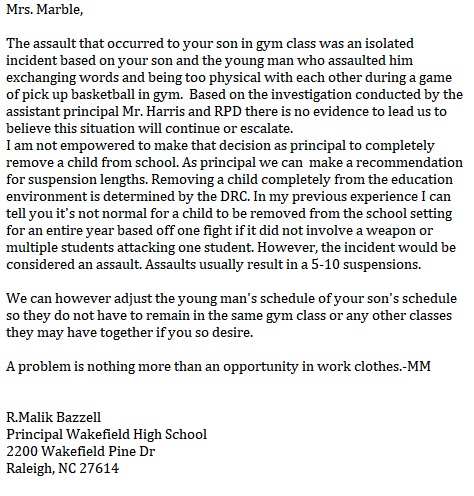 Principal Bazzell - Letter 1 - Williams-Marble - wcpss - wakefield high