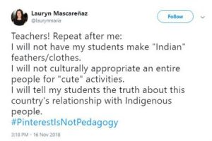 Lauryn Mascarenaz- I will not culturally appropriate thanksgiving tweetJPG - WCPSS - SPLC - Teaching Tolerance