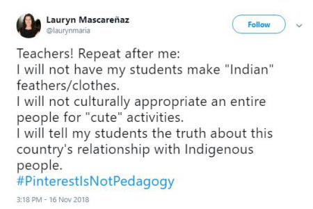 Lauryn Mascarenaz- I will not culturally appropriate thanksgiving tweetJPG - WCPSS - SPLC - Teaching Tolerance