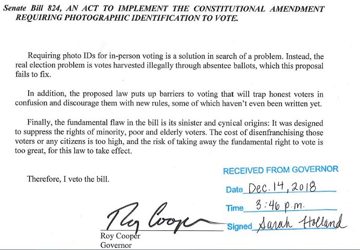 COOPER VOTER ID VETO 2018