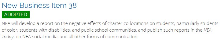 NEA ANNUAL MEETING - CHARTER SCHOOL ATTACK ADOPTED