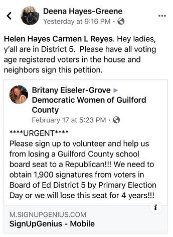 GCS Board Member Hayes Coordinating with Guilford Dem Women - NCED - Busing to polls