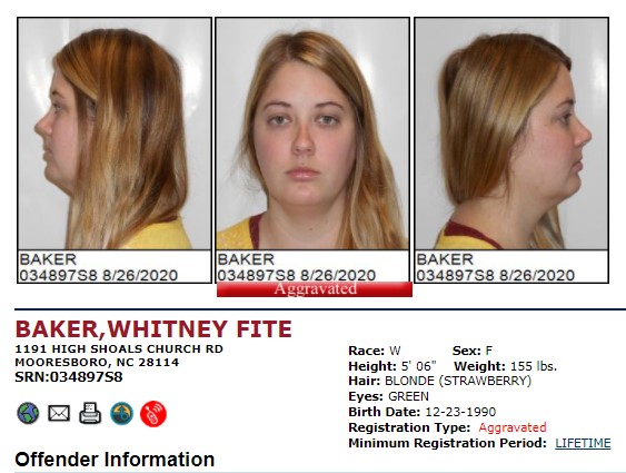 2020 - WHITNEY FITE BAKER - North Carolina Offender Registry Image - Cleveland