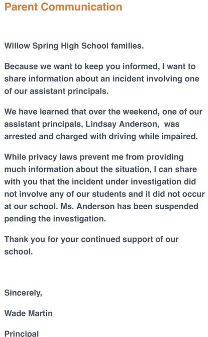 Willow Springs Principal message - Lindsay Anderson 